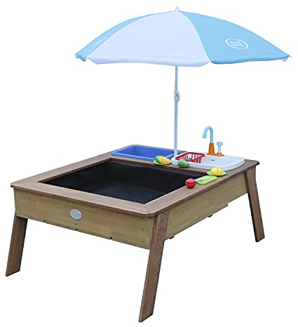 AXI Linda Sand & Wassertisch aus Holz mit Spielküchenspüle | Matschtisch/Spielküche/Wasserspieltisch/Sandtisch für Kinder in Braun mit Sonnenschirm