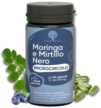 Integratore Microcircolo Gambe Mirtillo Nero e Vite Rossa - NUOVA FORMULA - Riduce la Pesantezza e stimola la Circolazione Gambe - con Moringa BIO | 60 Capsule Veg 100% Naturali - RedMoringa