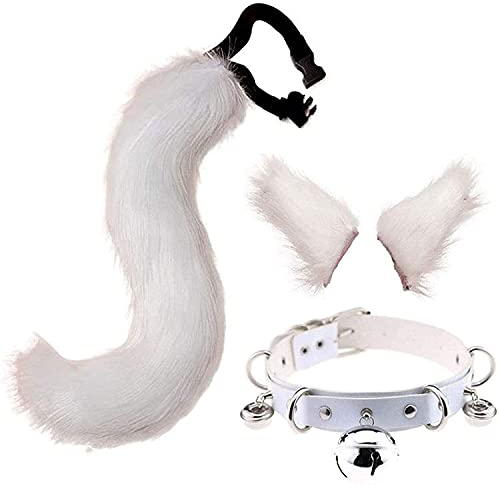 Schwanz und Ohren Set, langer Fuchsschwanz Cosplay Faux Furry Fox Wolf Tail Kit mit Ohren und Glockenkragen für Kinder, Mädchen, Jungen, Teens, Frauen, Party (Weiß)