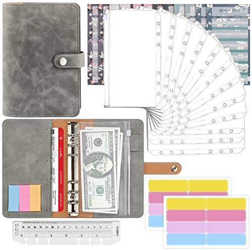 Mlife Ringbuch,Budget Planner - 26pcs Leder Notizbuch Ordner mit Klar Plastik Binderumschlägen,Budgetblätter,Etikettenaufklebern,Geld Aufbewahrung Sparbuch für Reisen und Tagebuch (Grau)