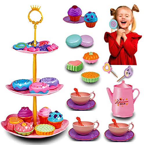 Xwin Sportseries Kids 3 Tier Cupcake Stand Dessert Plate & Tea Party Set with Cookies, Doughnut, Teapot, Spoons & Carrying Case, Kids Kitchen Pretend Play Toy 35 Pcs Birthday Gift