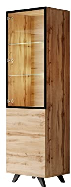 MB Muebles Bonitos, Vitrine avec Pieds Viena pour Salon ou Salle à Manger Moderne avec Lumière LED, Porte en PVC, Structure en Mélamine, Couleur Chêne et Noir, 60x197x40 cm