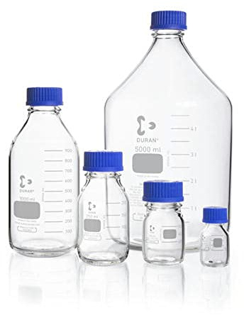 DWK Life Sciences SD-0808 Duran Laborflasche, Mit Schraubkappe und Ausgießring, GL 45 Gewindegröße, 230mm Höhe x 101mm Durchmesser, 1000ml Kapazität, Transparente