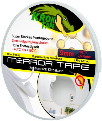 KrokTape Spiegelklebeband Doppelseitig extra stark klebend Montageklebeband Schaumstoff Klebeband weiß (9mm x 2mm - 7,5m)