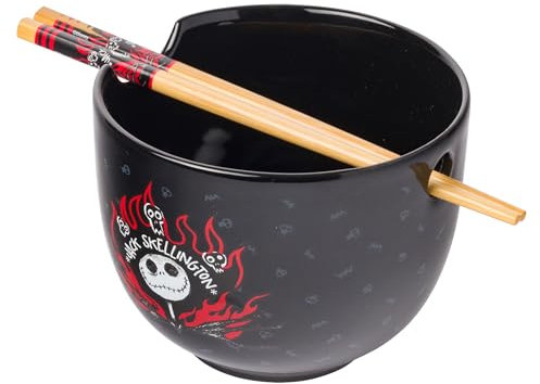 Silver Buffalo Nightmare Before Christmas Text and Flame Ceramic Ramen Bowl with Chopsticks, 20 Ounces