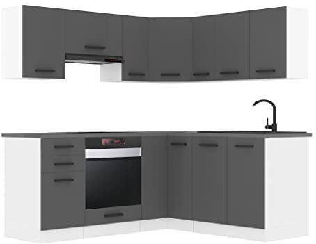 Belini Küchenzeile Küchenblock Küche L-Form Sarah Küchenmöbel mit Griffe, Einbauküche ohne Elektrogeräten mit Hängeschränke und Unterschränke, ohne Arbeitsplatten, Silber matt