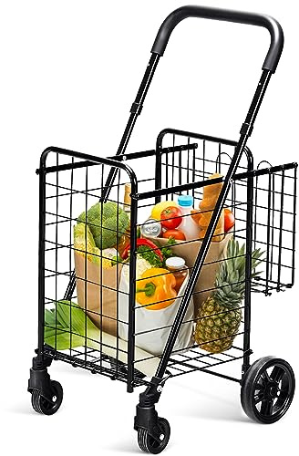 COSTWAY Carrello Portaspesa Pieghevole, Carrello Spesa con Ruote Girevoli a 360 °, Manico Regolabile, 2 Cesti, Capacità di Carico: 20 kg, 58L, 43 x 52 x 89-95 cm (Nero)