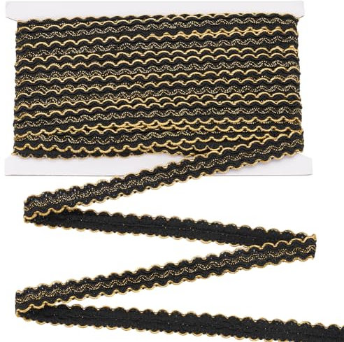 FINGERINSPIRE 12m 14mm Gimpenborte Goldrand Geflochtene Bortenborte Schwarz Metallic S Wellenborten Besatz zum Nähen Polyester Handarbeit Gimpenbesatz für Vorhangbezüge DIY Kostüm Zubehör