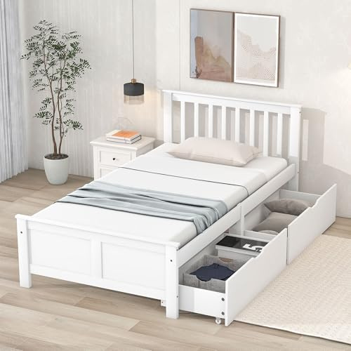 ModernLuxe Bett 90 x 200cm mit Schubladen, Einzelbett/Doppelbett mit Lattenrost und Kopfteil Bettgestell Holzbett Jugendbett Massivholz Bett (90 x200 cm)