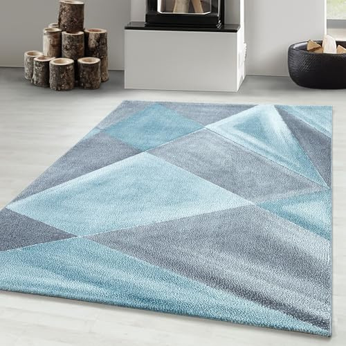 Carpetsale24 Designer Teppich Modern Abstrakt Gemustert – Grau und Blau – Wohnzimmerteppich für modernen Stil und Komfort, Größe 140x200 cm – Pflegeleicht, Weicher Flor, Ideal für Wohnzimmer