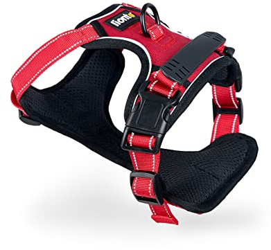 lionto Hundegeschirr gepolstert aus weichem Nylon, Größe S, reflektierendes Anti Zug Geschirr für Hunde mit 2 Ringen & 4 Einstellgurten, Zwei Klickverschlüsse & gummierter Griff am Rücken, rot