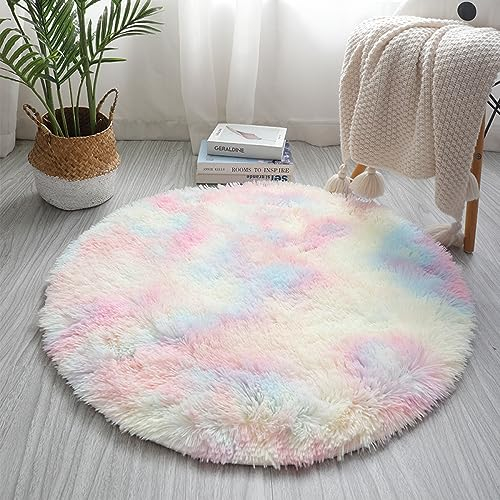 Nyescasa Hochflor Teppich Rund - Langflor Modern Flauschig Weich für Wohnzimmer, Kinderzimmer, Schlafzimmer, Flur - Läufer Regenbogen Shaggy Innen 80cm