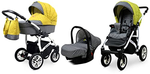 BabyLux® Bambimo Kinderwagen Set 3 in 1 - Queen - incl. Babywanne, Buggy Sportsitz, Auto-Babyschale - Autositz - Kinderwagenset - Kombikinderwagen mit Wickeltasche, Regenschutz usw.