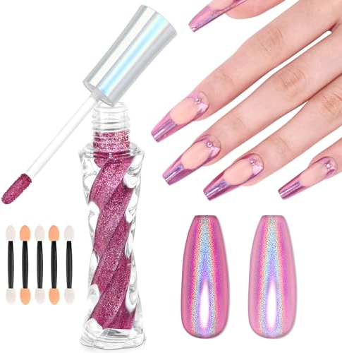 SAVILAND Liquid Chrome for Nails Laser Pink: Mirror Effect Nail Chrome Nail Powder Chrome Nail Easy To Use Pink Chrome Nail Powder Nail Sponge Stick for Nail Art Manicure Nail Salon Home DIY