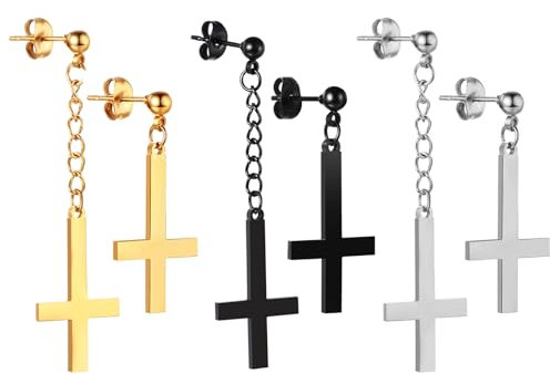 Bulckrew Kreuz Ohrringe Hängend asymmetrisch: 3 Paare Ohrstecker Set aus Edelstahl mit Kreuzkette Anhänger für Damen Herren Gothic umgekehrte Kreuzkettenohrringe Unisex Silber Schwarz Gold Ohrhänger
