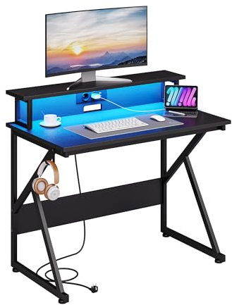 KIMENICH Computertisch, Schreibtisch, Gaming Tisch mit led, Schreibtisch Gaming mit Steckdose, Bürotisch mit Monitorständer, PC Tisch, fürs Zuhause, Büro, 100 cm, Schwarz