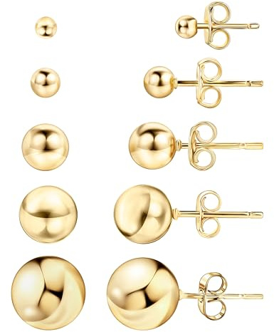 Barzel 18K Gold Plated Ball Stud Earrings Set, Sizes 3-10MM, 5 Pack, High Polish Finish Ball Suds