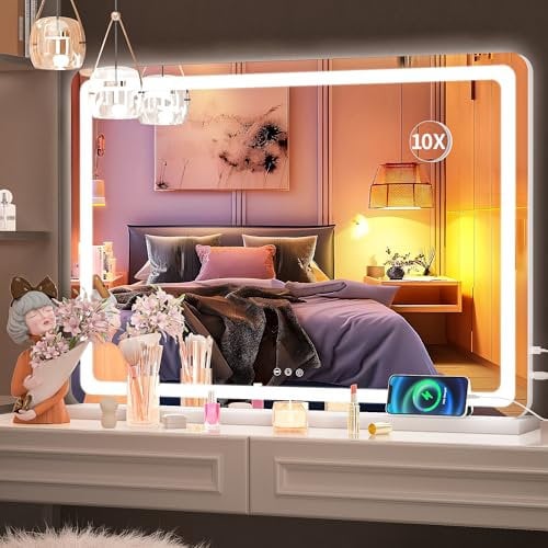 Hasipu Kosmetikspiegel mit Beleuchtung, 58 x 46cm LED Schminkspiegel, Beleuchteter Schminkspiegel mit dimmbaren 3 Modi, Touchscreen-Steuerung Kosmetikspiegel Rund Weiß