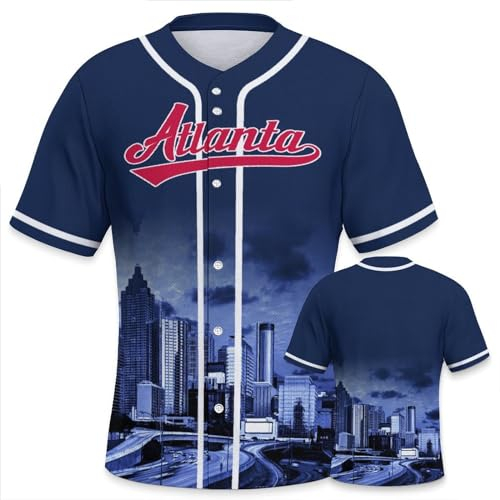 Baseball-Trikot, Stadt, Nacht, Skyline, bedruckt, Bekleidung für Herren, Fans, Geschenke, S-2XL, Blau / Rot, XX-Large
