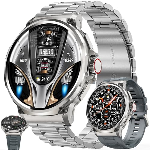 Smartwatch Herren mit Telefonfunktion, 1,85 AMOLED Runder Großbildschirm Sportuhr Herren mit Anrufe Fitnessuhr Herzfrequenzmonitor Schlafmonitor Schrittzähler, Smart Watch für iOS Android (Silber)