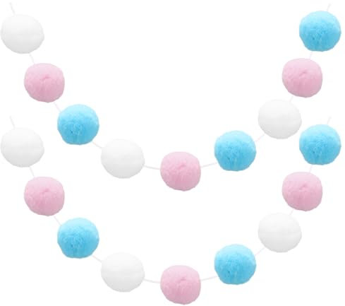 sourcing map 2pcs Pom Pom Garland 6.6 Ft 30 Balls Colorful Felt Ball Garland for Wall Christmas Tree Decor Birthday Banner Easter Party Decorations, White, Pink, Blue