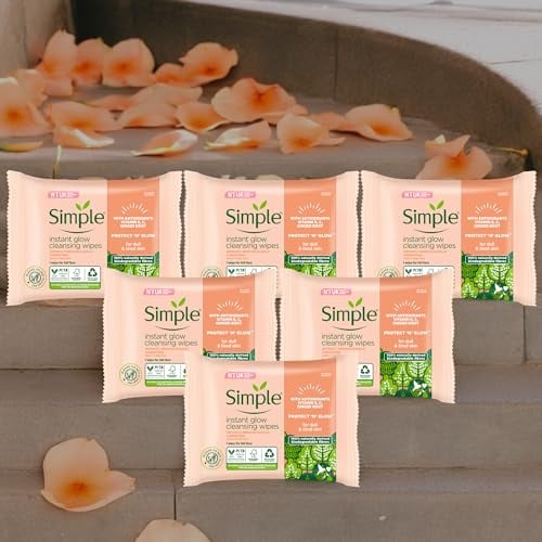 6 x 20Wipes Simple Protect ‘N’Glow Cleansing Wipes gently tones and brightens skin whilst removing make up,Formulated with vitamin C & E,Ginger root & prebiotic,it gives you an instant glow(120 Wipes)