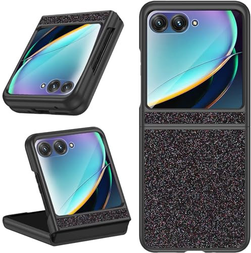 NINKI Flip Case for Motorola Razr Plus 2024 With Screen Protector, Glitter Cover for Razr 50 Ultra, Thin Phone Case for Moto Razr+ 5G - Black