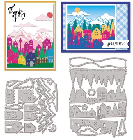 GLOBLELAND Haus Berg Baum Metall Stanzschablone Landschaft in Schichten Papierpräge Stanzschablonen Set Stanzformen für Kartenherstellung DIY Papier Scrapbooking Handgefertigtes Fotoalbum