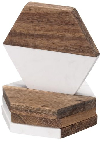 sourcing map Getränkeuntersetzer aus Marmor-Holz, sechseckige Holzuntersetzer, Couchtische, Esstische für Ihre Getränke, Weinbar, Gläser, Weiß, 4 Stück