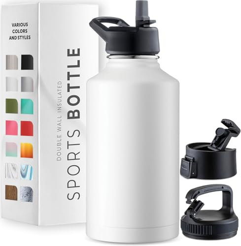 GARUET Triple-Walled Insulated Stainless Steel Water Bottle with Straw – 1888ml Large Capacity – 3 Leak-Proof Lids for Hot & Cold Drinks – Ideal for Travel, Camping, Hiking, Gym (Pure Pearly White)