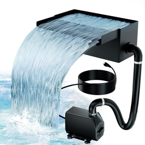 Biling Estanque cascada para estanque de jardín, 20 cm, acero inoxidable, juego de cascada, 40 W, 2500 L/H, bomba de estanque con cascada, decoración, jardín, estanque, juego de agua, patio, terraza,