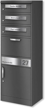 Metzler Paketbox mit 3 Briefkästen – 3er Briefkasten mit Paketfach & Namensgravur, Personalisierte Blenden aus Edelstahl – Outdoor Paketbriefkasten draussen XXL – DB 703 Eisenglimmer - Modell Bispo