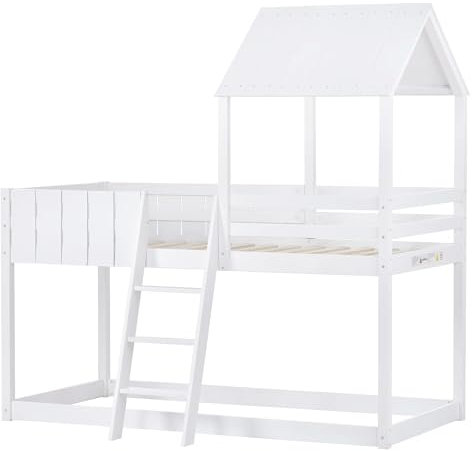 Twin House Bed Frame with 3-Step Ladder,Children's Wooden Mid Sleeper Treehouse Canopy Bed with Safety Guardrail,Space-Saving Single Bunk Bed with Storage Area,Premium Pine Wood Construction (White)