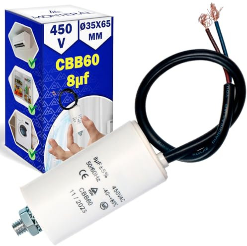 Condensador de arranque Universal 8ΜF con Cable de Conexión 450 VAC para Secadora Lavadora Lavavajillas y Otros Equipos - Garantía de 10 Años - MONTERAL