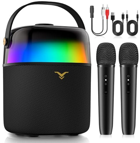 Karaoke Machine, Portable Bluetooth Speaker with Two Wireless Microphones for Adults, PA System with LED Light for Home Outdoor Party Support FM/USB/AUX Guitar Gifts
