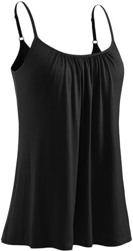 Ymmchy Camisole for Women Built in Bra Cami Top Pleated Loose Fit Vest Tops Adjustable Strap Tank Top Black L