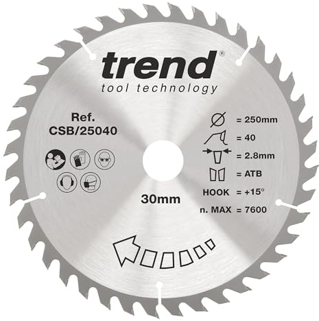 Trend 250mm Circular Saw Blade, 30mm Bore, 40T, TCT, Medium Finish | Ideal For Smooth Wood Cutting With 40 Teeth, 2.8mm Kerf And +15° Hook Angle For Clean Medium Finish, CSB/25040