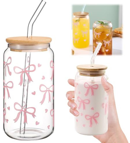 Pink Bow Glass Cup Set, Bow Glass Mug 16 Oz with Lid and Straw, Can Shaped Glasses Cups Set, Iced Coffee Cup, Transparent Cute Tumbler Glasses, Aesthetic Gifts for Women Girls Friends