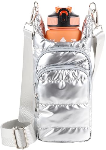 Dealkion Puffer Water Bottle Holder with Strap Quilted Water Bottle Carrier Bag Hydrobag Crossbody Bags Sling Purse for Women Gifts