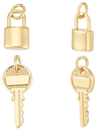 WADORN 24Pcs 18K Real Gold Plated Key Lock Charms, Mini Brass Lock Key Shape Pendants Bulk Gold Metal Padlock Hang Ornament with Jump Rings for Jewelry Making Bracelets Necklace Earring