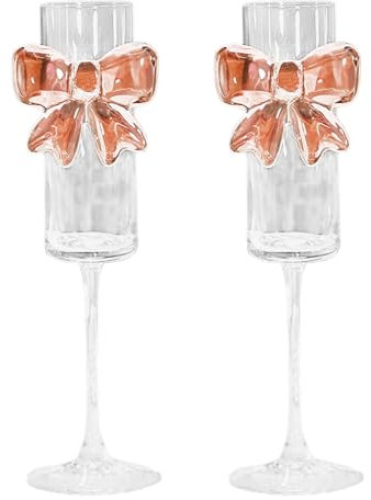 Tomotato 2 Stück Pink Bow Champagnergläser, Coquette Bogenflöten Weinglas 5 Unzen Cocktails Glaswaren mit verstärkten Stielen für Hochzeiten, Engagements, Brautdusche, Party