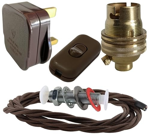 Art Deco Emporium Lamp Repair and Service Kit | Brown Plug, Flex and Switch | B22 Brass Lamp Holder
