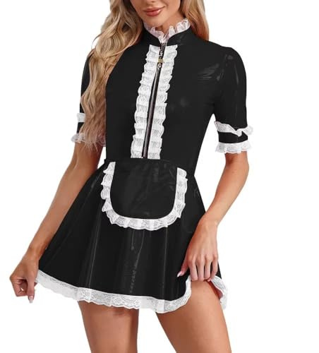 ERFSQIYALHJ Wetlook Lace Trim PVC Maid Dress mit Schürze Sissy Lockable Dress French Servant Maid Uniforms