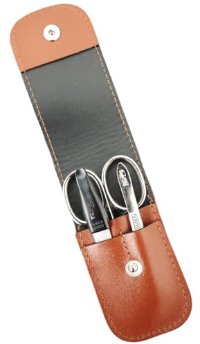 3-teiliges Solingen Maniküre Set mit Leder Etui, Nagelschere, Feile, Pinzette, Made in Germany (Braun)