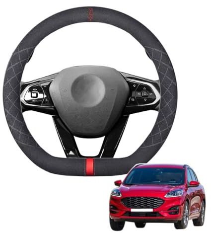 Aojiek Lenkradbezug Wildleder Auto für Kuga/Escape 2020-2023 D-Form LenkradhüLle Anti-Rutsch Leder mit Silikon Innenring, Atmungsaktiv Schwarz,D-Red