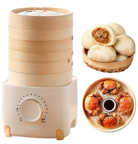 3-Tier Electric Bamboo Steamer, 350W Healthy Food Steamer with 800ml Pot & Adjustable Knob Control, Easy-Clean Design for Vegetables, Dumplings & Meats