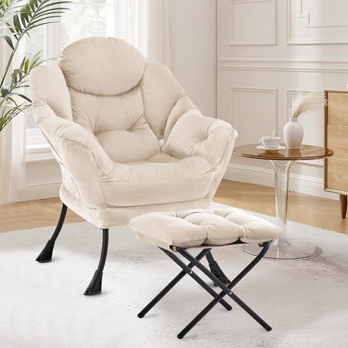 XH.Easy Go Fauteuil de Salon Scandinave Détente avec Poche Latérale, Fauteuil Lecture avec Repose-Pieds Confortable pour Chambre Salon Bureau,Beige