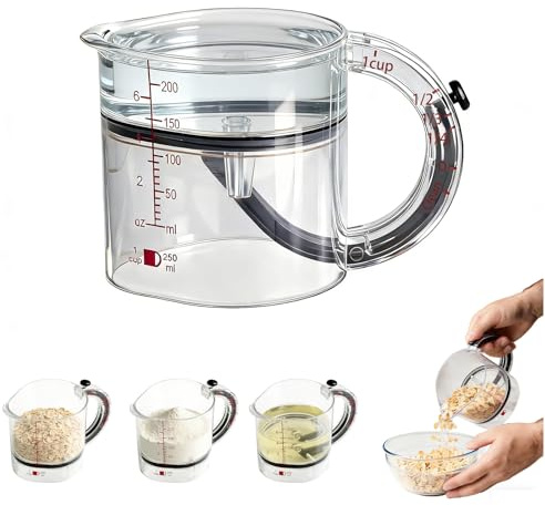 4 in 1 Adjustable Measuring Cup - Multi-Functional Push Up Measuring Cup with Adjustable Base & Scraper-Style Seal Base, Space-Saving Easy to Clean, Measuring Cups for Cooking, Baking and Ingredients