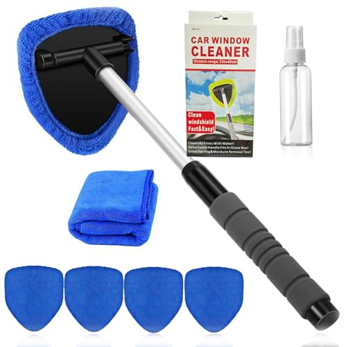 Aimisite Car Windscreen Cleaner,Auto Window Cleaner Kit Extendable Long Handle Windshield Cleaning Tool with 4 Reusable Microfiber Pads 1 Spray Bottle & 1 Towel for Home Office