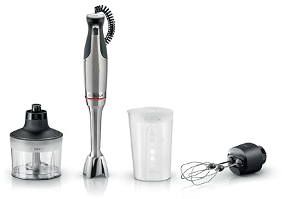Bosch Serie 8 Frullatore a Immersione ErgoMaster MSM8M934, Potente Motore da 1500 Watt, Regolazione Dinamica della Velocità, Coltello a 6 Lame in Acciaio Inox, Accessori Inclusi, Acciaio Inossidabile | Processa ingredienti con la massima precisione e rapidità grazie alle sue lame a 6 lame.